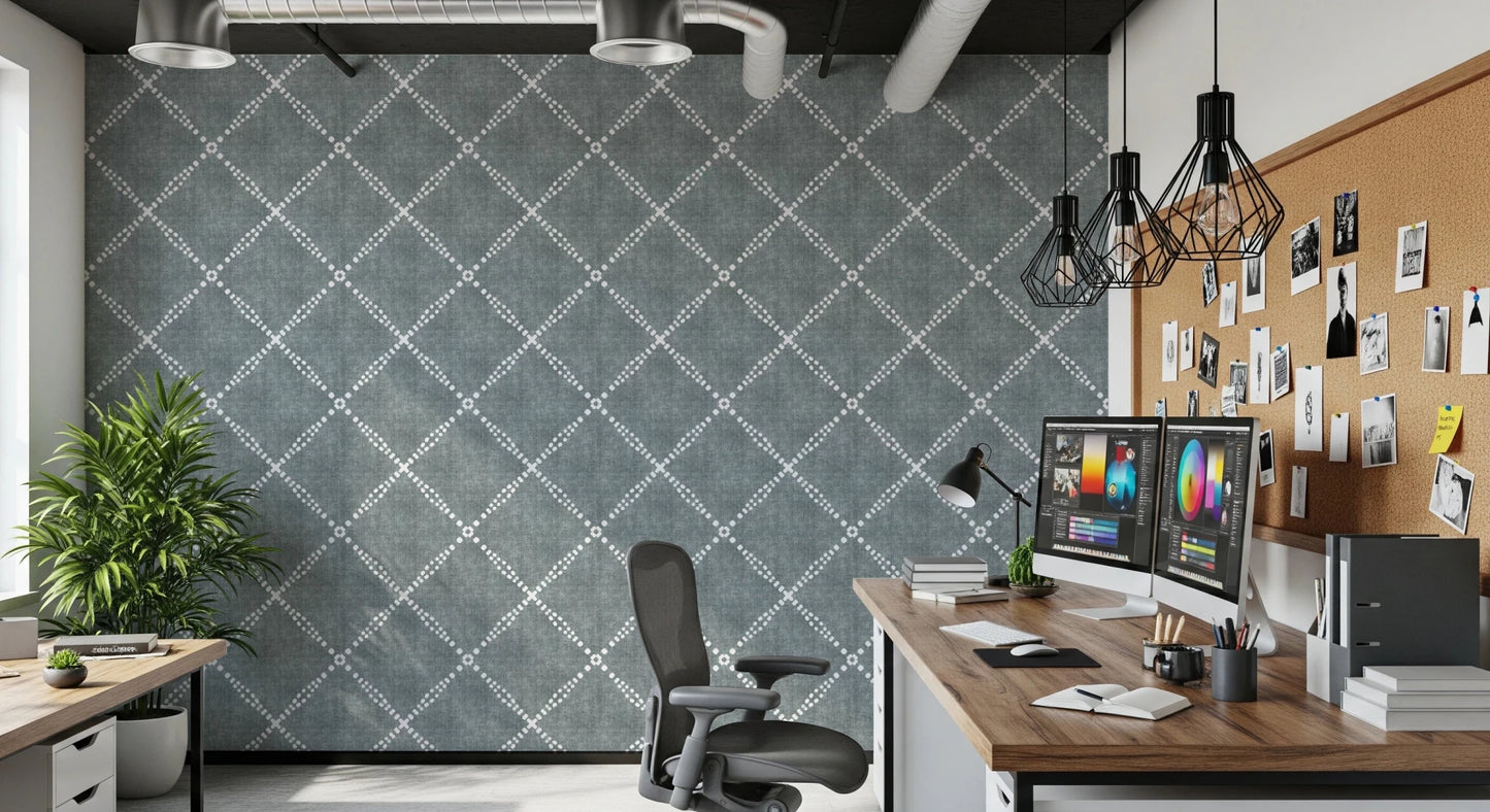Home office backdrop using calming blue trellis wallpaper with clean geometric layout