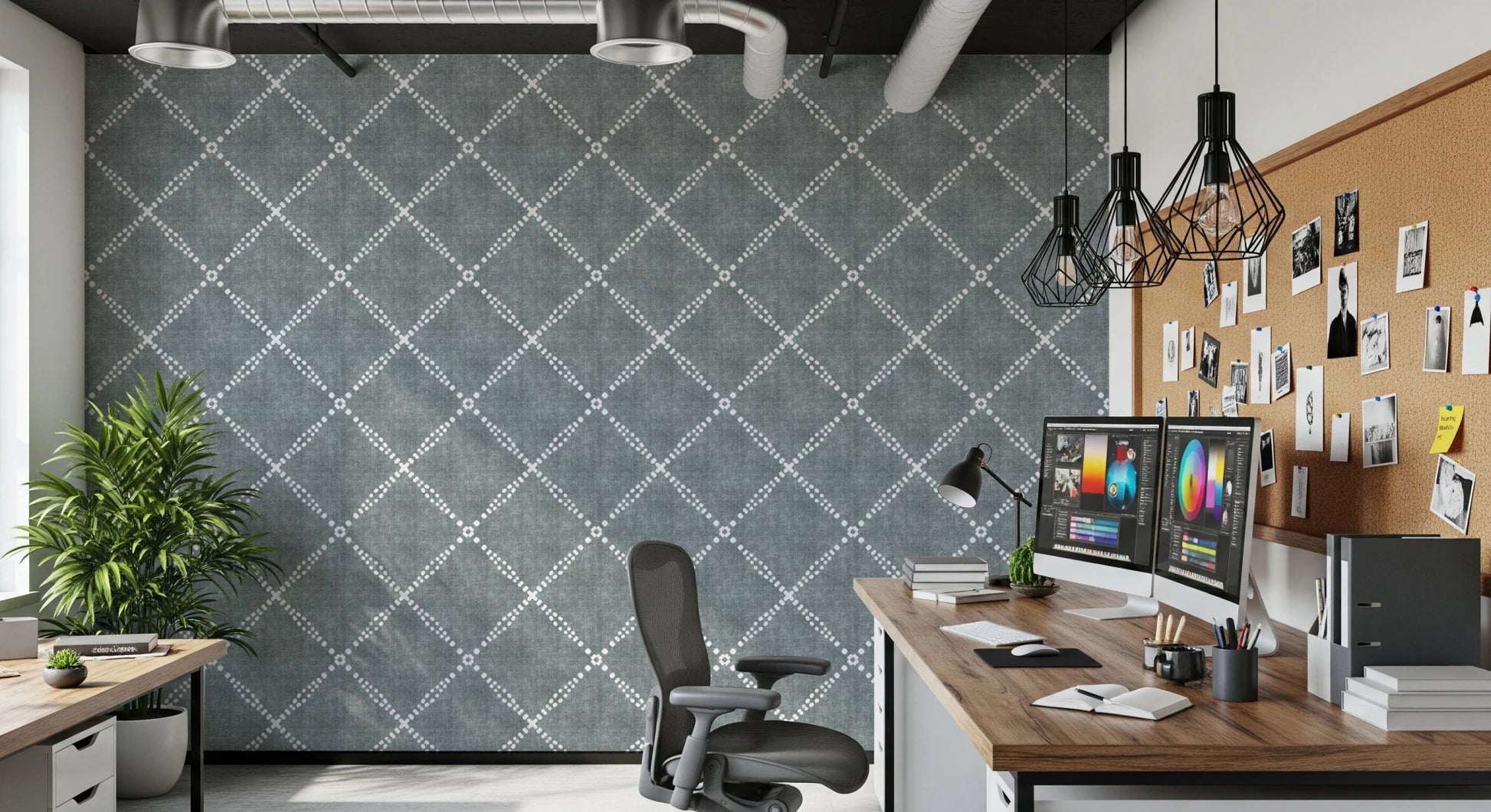 Home office backdrop using calming blue trellis wallpaper with clean geometric layout