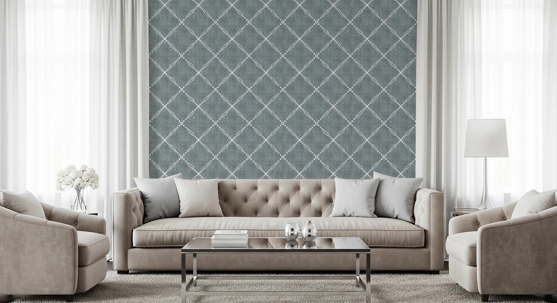 Minimal living room framed with calming blue trellis wallpaper and airy arrangement