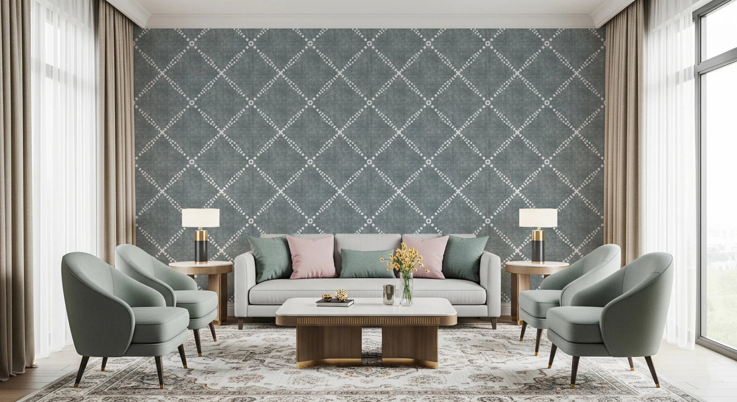 Seating area arranged with calming blue dotted trellis wallpaper and modern furniture