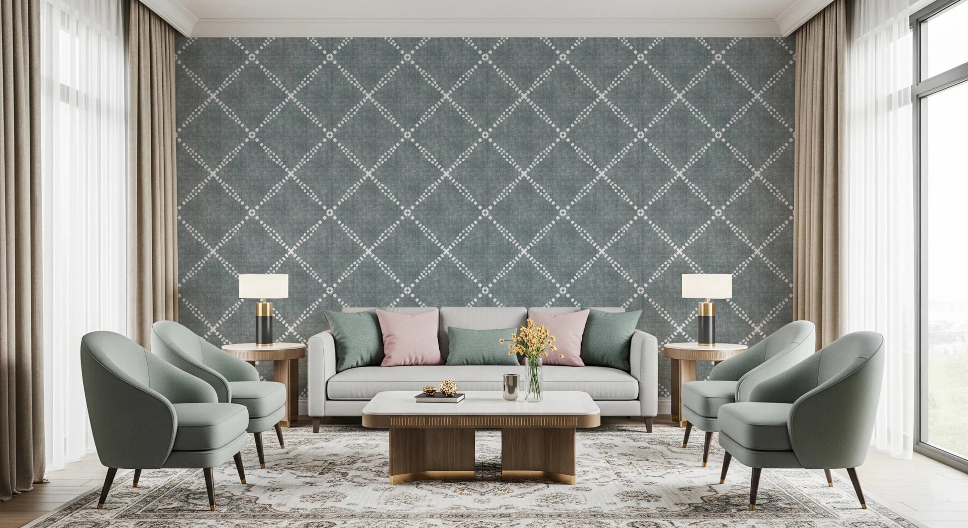 Seating area arranged with calming blue dotted trellis wallpaper and modern furniture