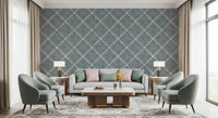 Seating area arranged with calming blue dotted trellis wallpaper and modern furniture