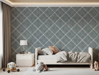 Kids bedroom styled using calming blue trellis wallpaper and soft patterned 
