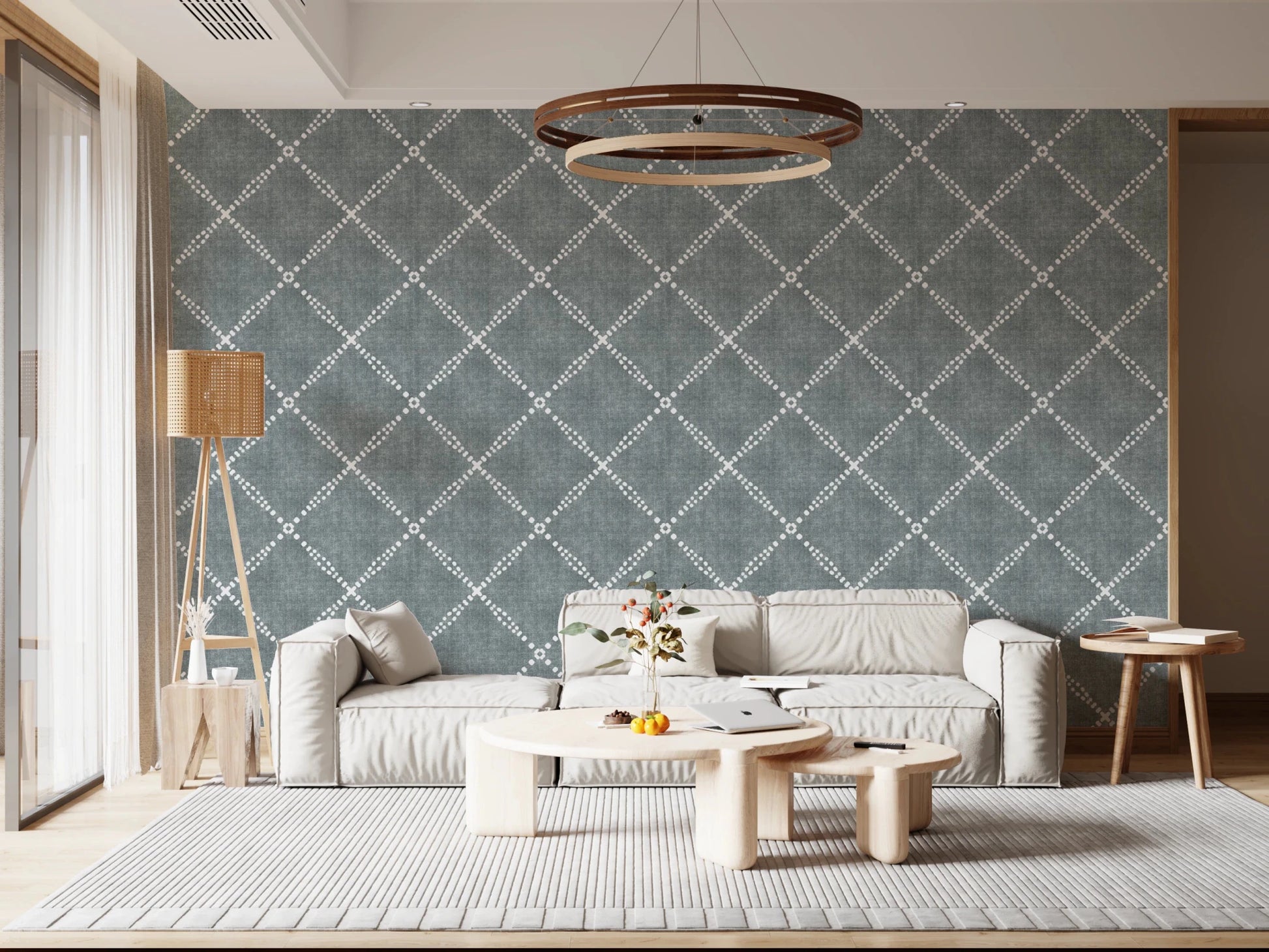 Relaxed lounge corner featuring calming blue trellis wallpaper with textured detailing

