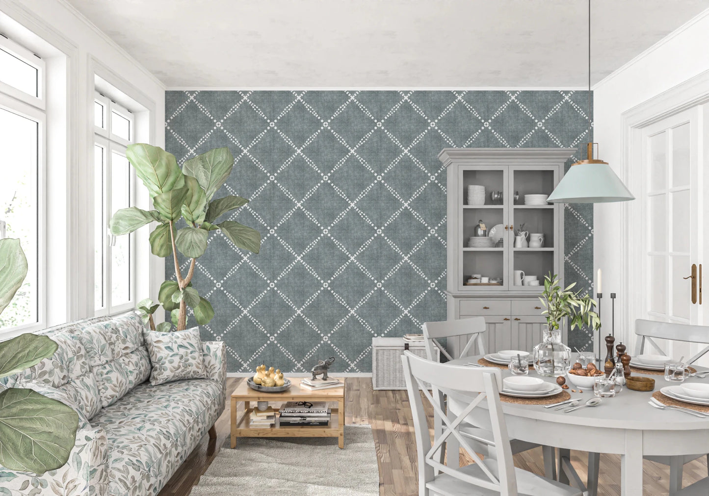 Bright dining space paired with calming blue dotted trellis wallpaper and neutral tones