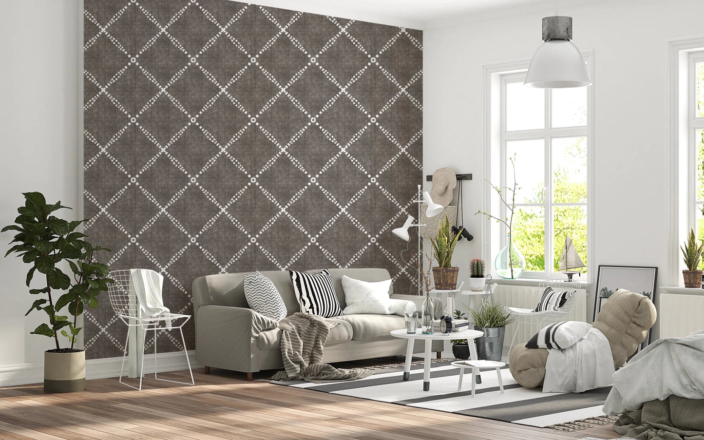 Sunlight fills a modern lounge space with Geometric Dotted Lattice Brown Wallpaper backdrop, GD8573