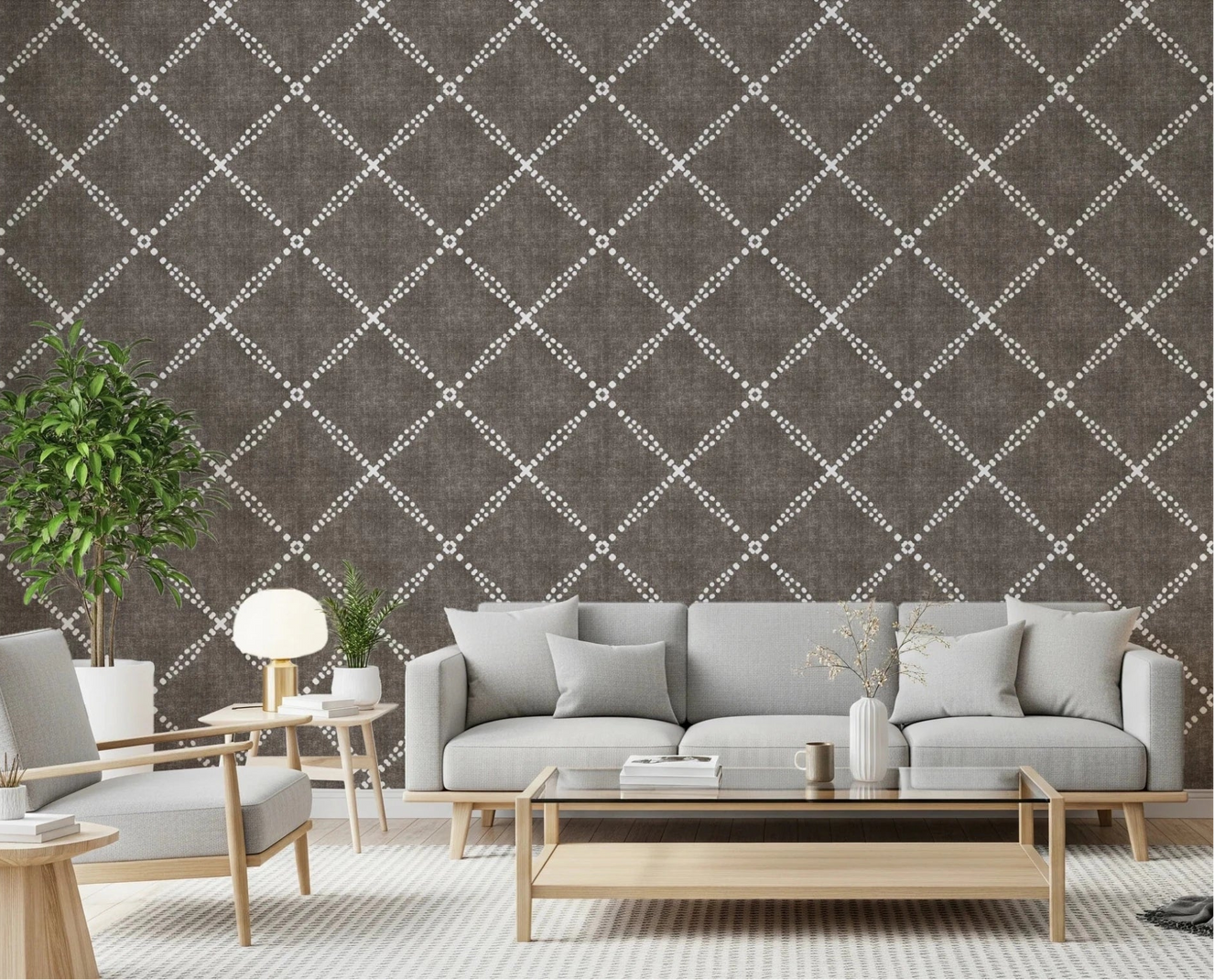 Modern living room featuring Geometric Dotted Lattice Brown Wallpaper for a cozy vibe.