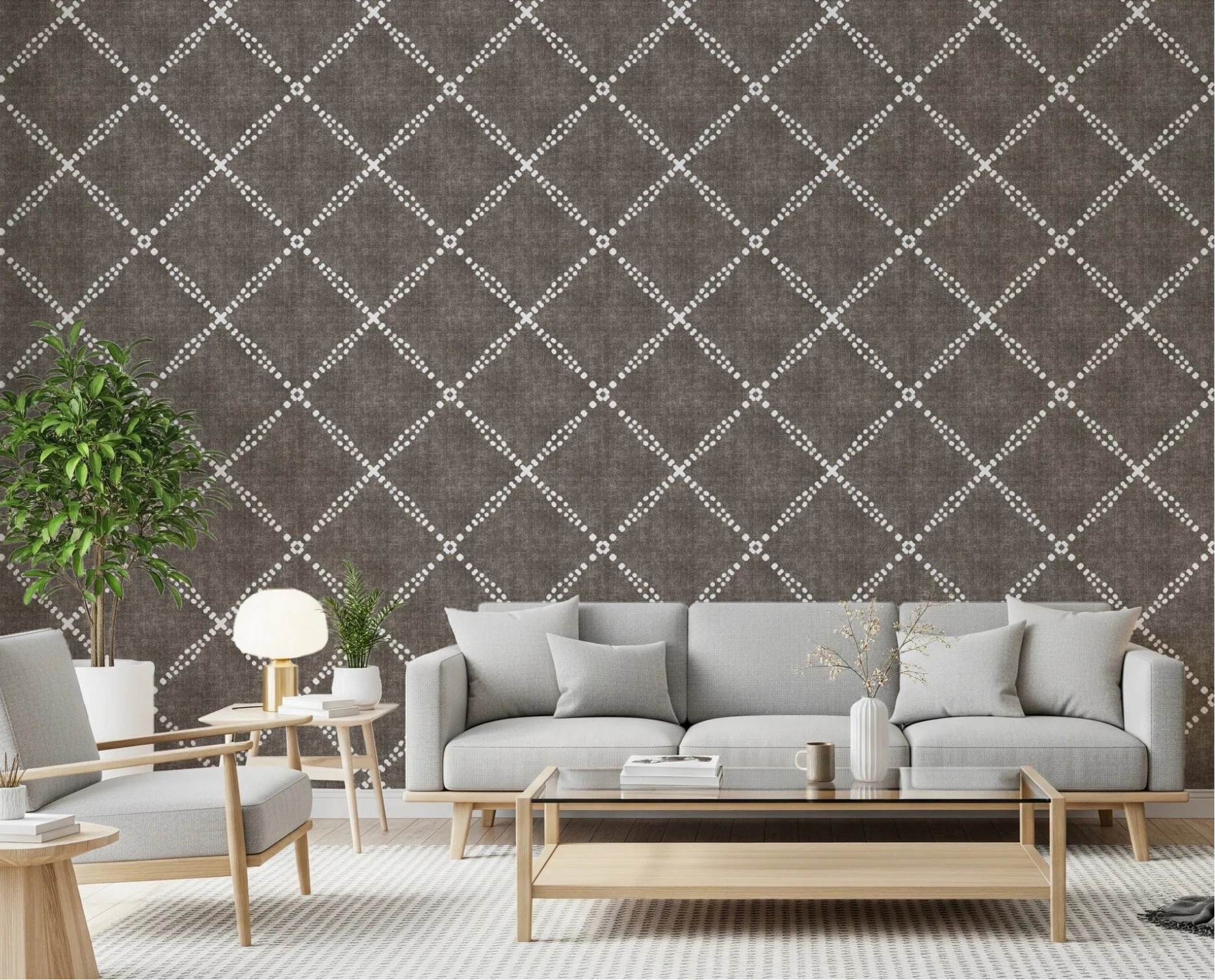 Modern living room featuring Geometric Dotted Lattice Brown Wallpaper for a cozy vibe., GD8573