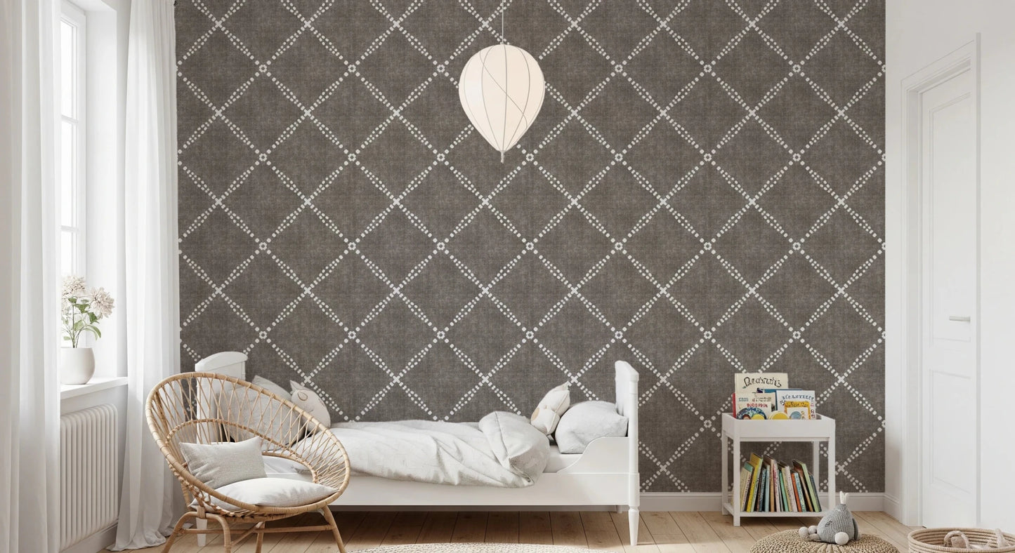 Geometric Dotted Lattice Brown Wallpaper adds textured charm to this minimalist bedroom., GD8573