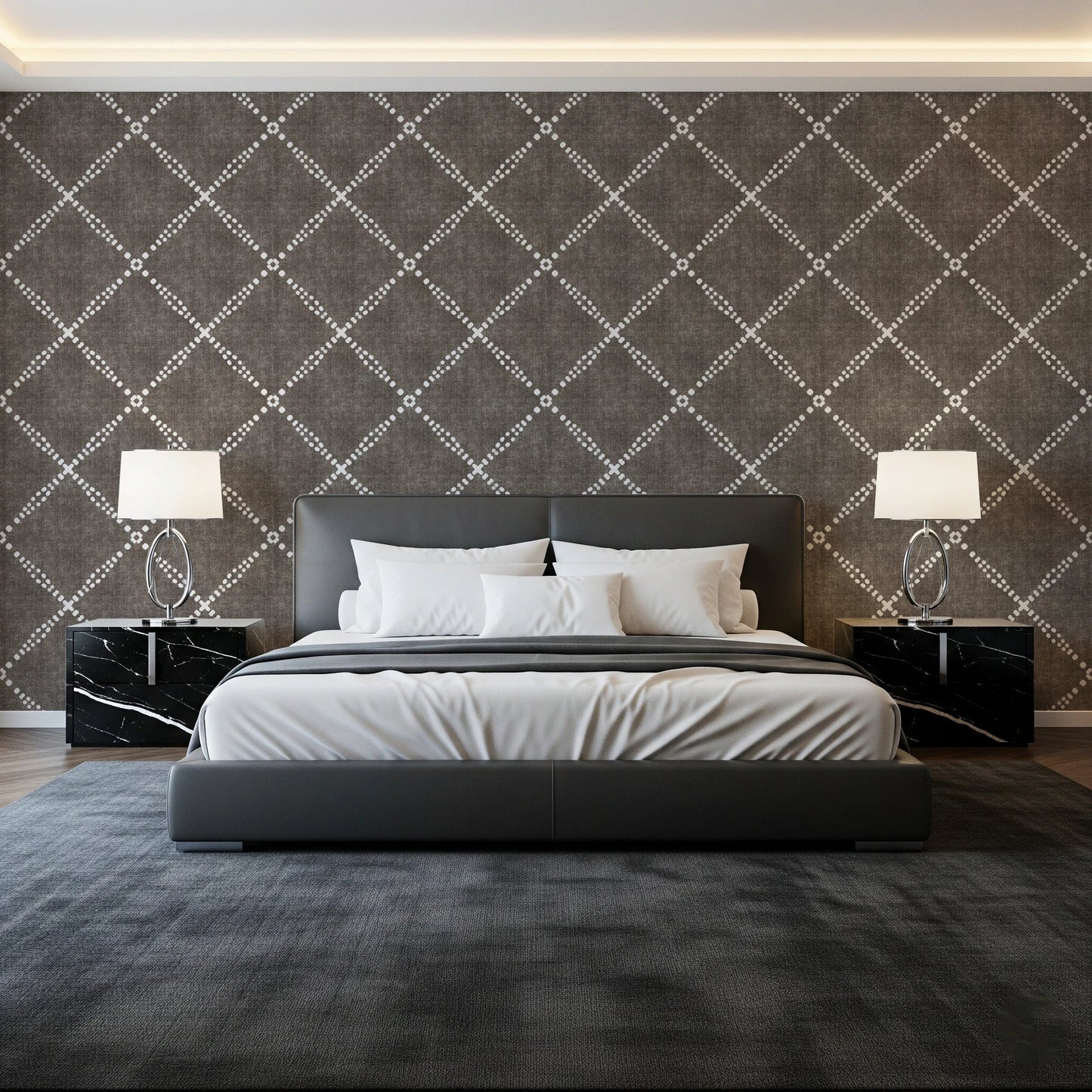 Clean guest bedroom styled with Geometric Dotted Lattice Brown Wallpaper texture for comfort, GD8573