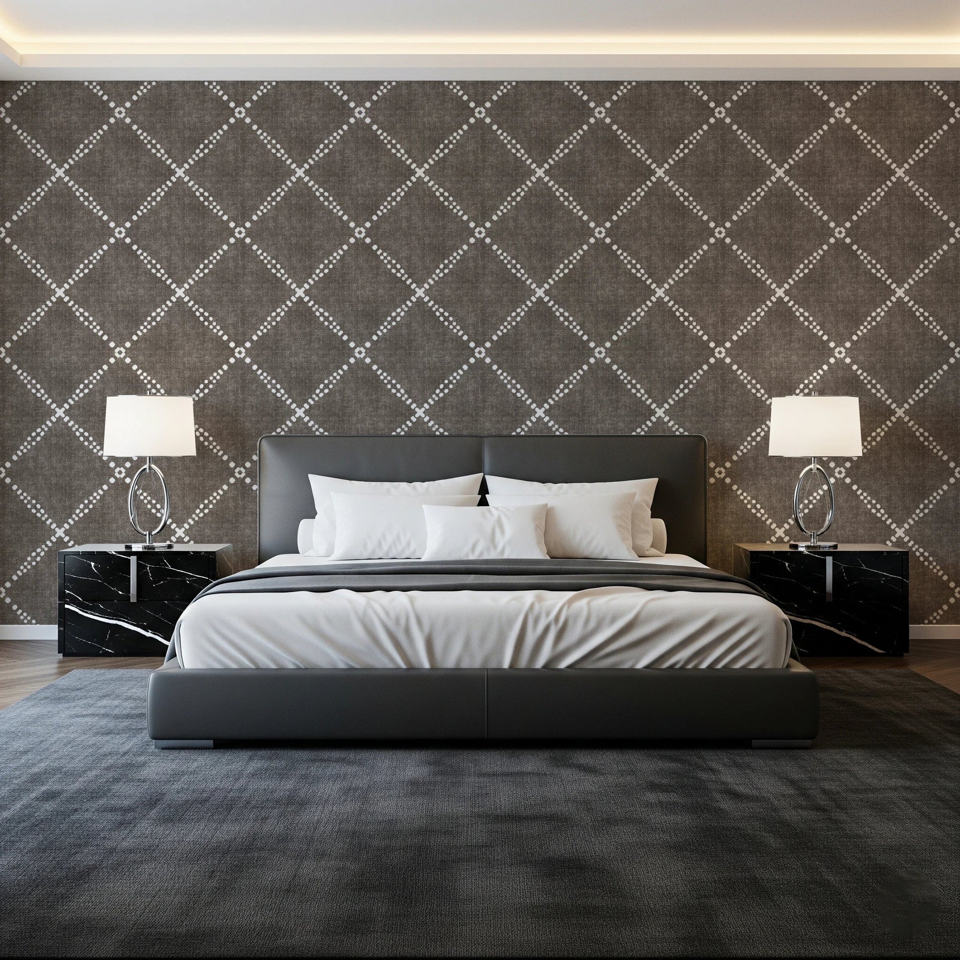 Clean guest bedroom styled with Geometric Dotted Lattice Brown Wallpaper texture for comfort, GD8573
