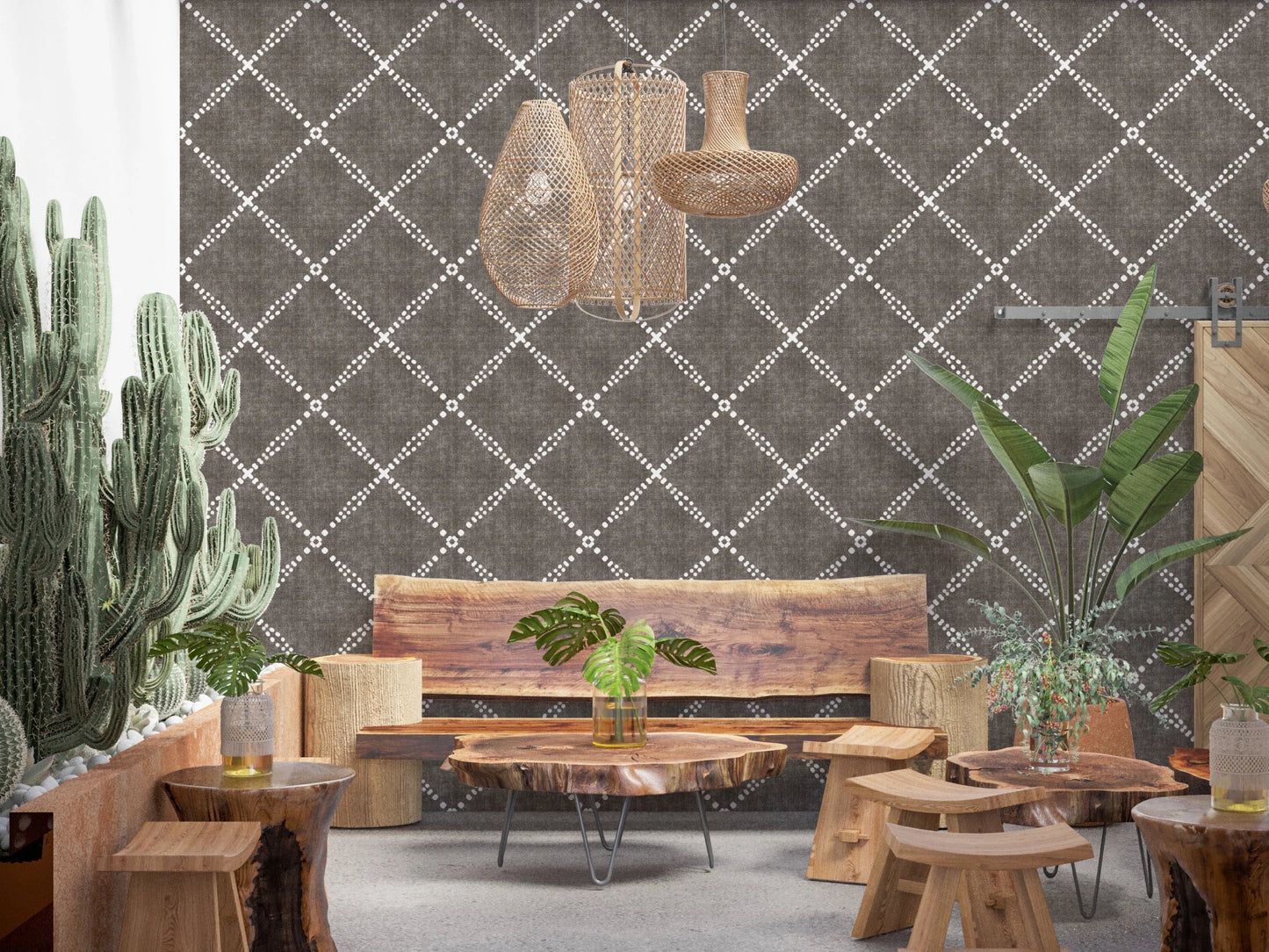 Create a focused home office using Geometric Dotted Lattice Brown Wallpaper as backdrop, GD8573