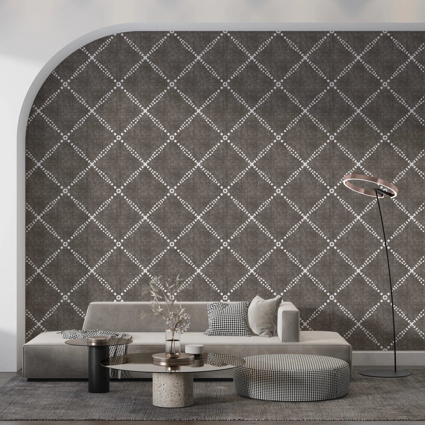 Sophisticated lounge area with Geometric Dotted Lattice Brown Wallpaper on a feature ., GD8573