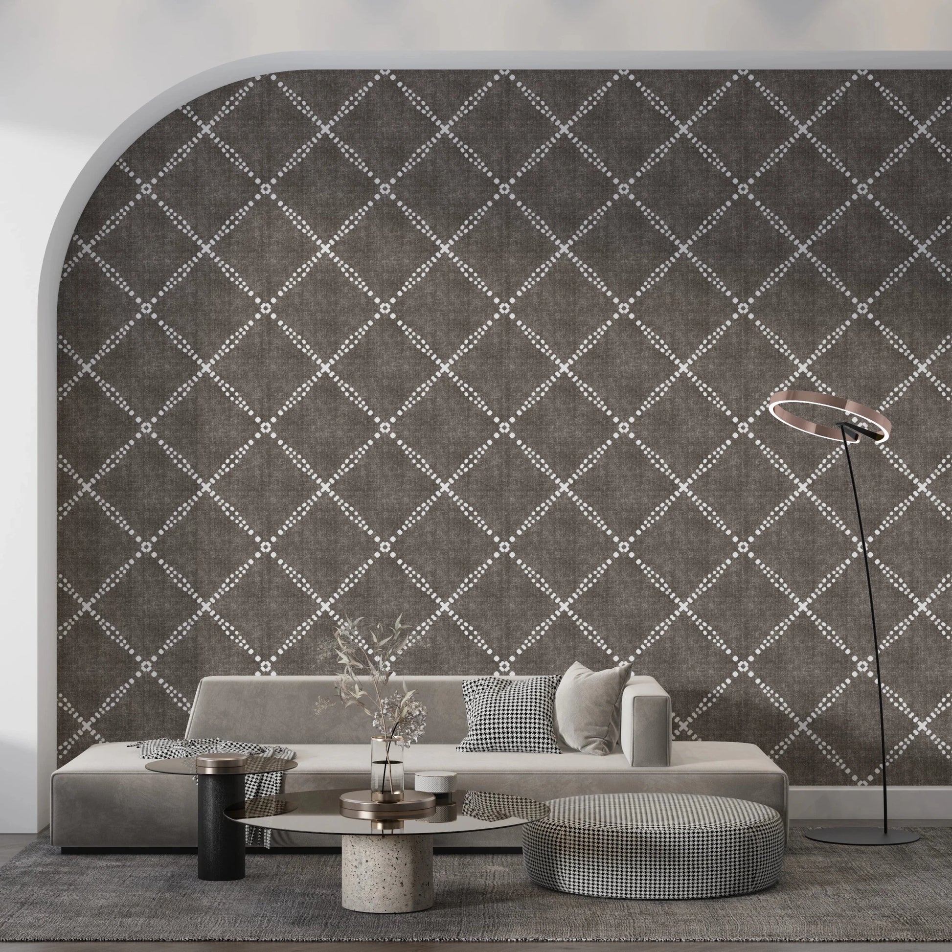 Sophisticated lounge area with Geometric Dotted Lattice Brown Wallpaper on a feature ., GD8573