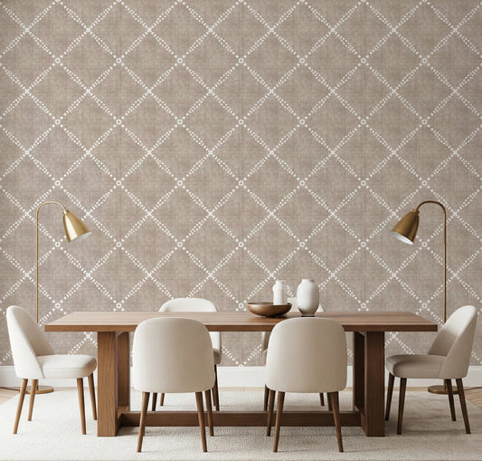 Dining room styled with Boho Dotted Trellis Grunge Earthy Beige Wallpaper