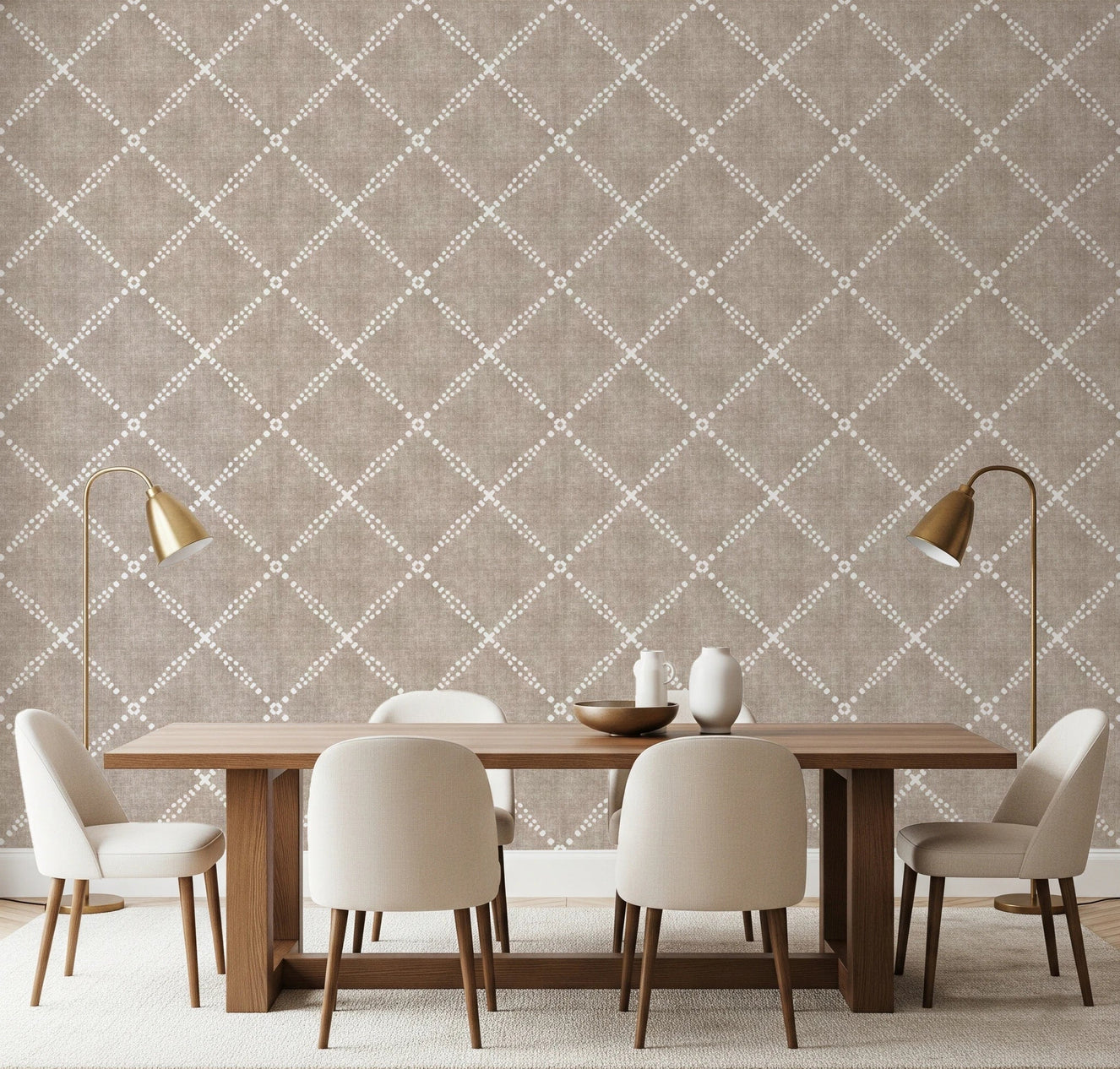 Dining room styled with Boho Dotted Trellis Grunge Earthy Beige Wallpaper