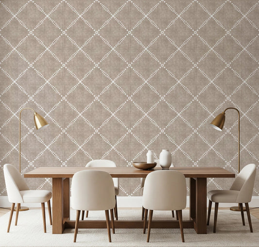 Dining room styled with Boho Dotted Trellis Grunge Earthy Beige Wallpaper