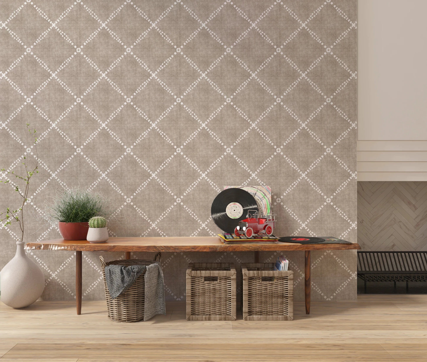 Boho Dotted Trellis Grunge Earthy Beige Wallpaper⁠