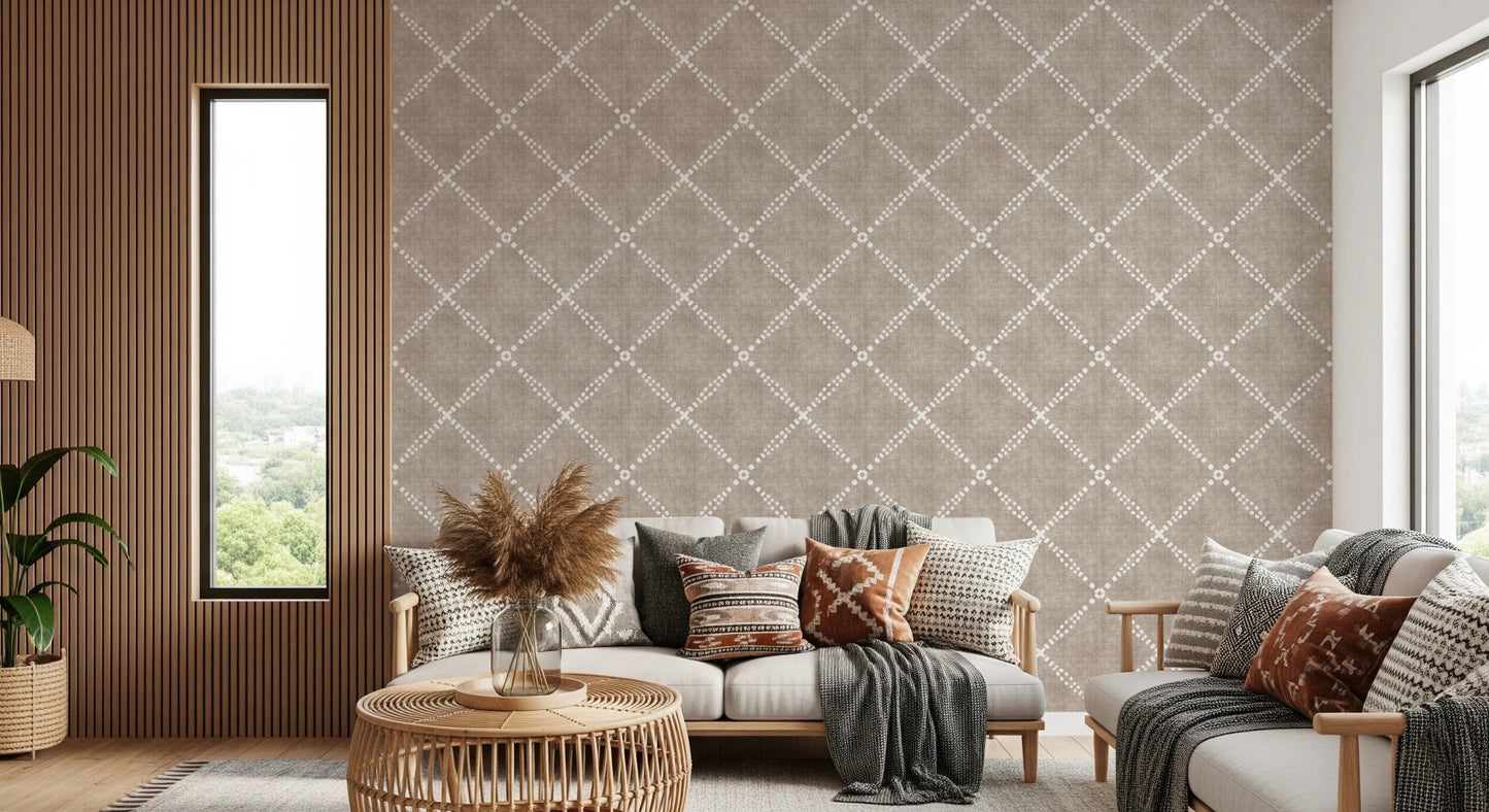 Boho Dotted Trellis Grunge Earthy Beige Wallpaper⁠