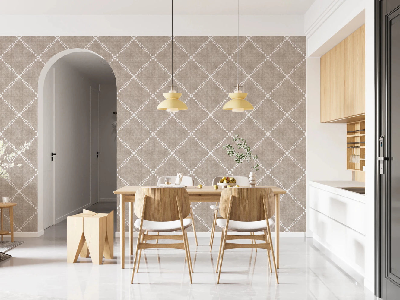 Arched kitchen nook finished in Boho Dotted Trellis Grunge Earthy Beige Wallpaper