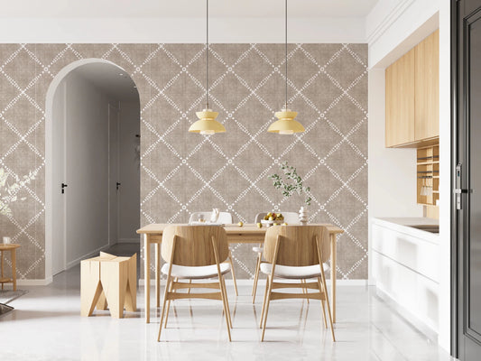 Arched kitchen nook finished in Boho Dotted Trellis Grunge Earthy Beige Wallpaper