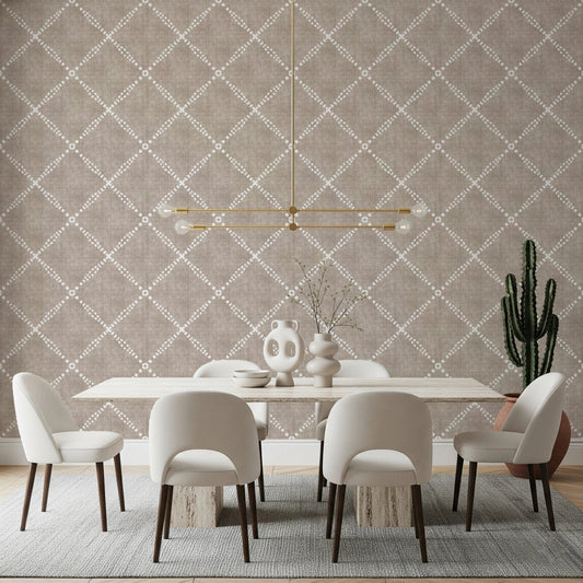 Bright dining setup with Boho Dotted Trellis Grunge Earthy Beige Wallpaper, GD8574