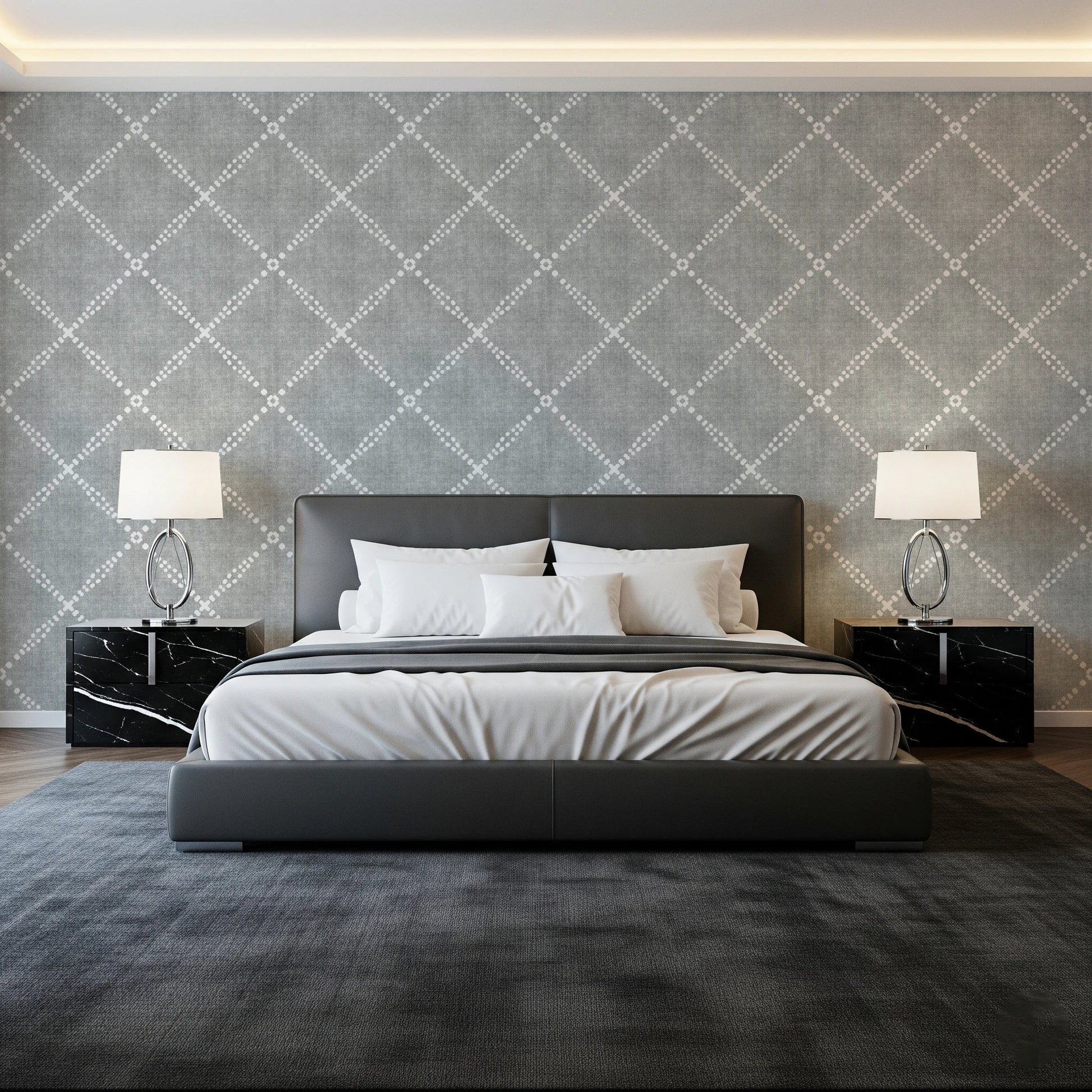 Bedroom setup balanced with grey trellis wallpaper and clean structured backdrop