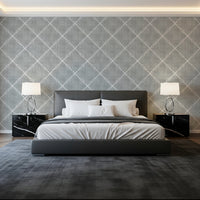 Bedroom setup balanced with grey trellis wallpaper and clean structured backdrop