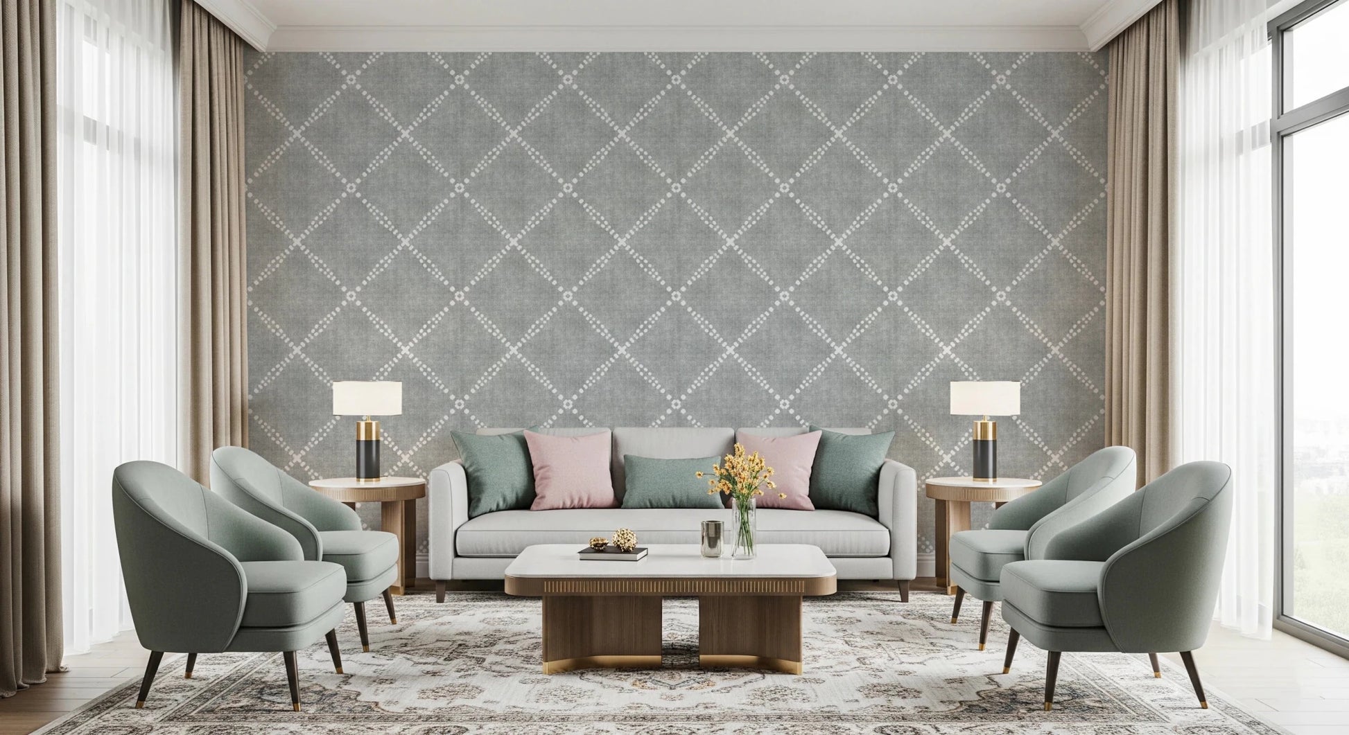 Relaxed seating room framed by grey dotted trellis wallpaper and neutral textures