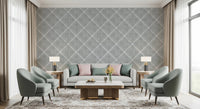 Relaxed seating room framed by grey dotted trellis wallpaper and neutral textures