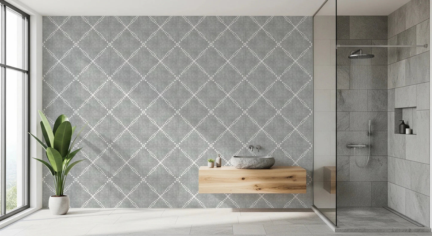 Clean bathroom corner using grey trellis wallpaper with subtle grunge finish