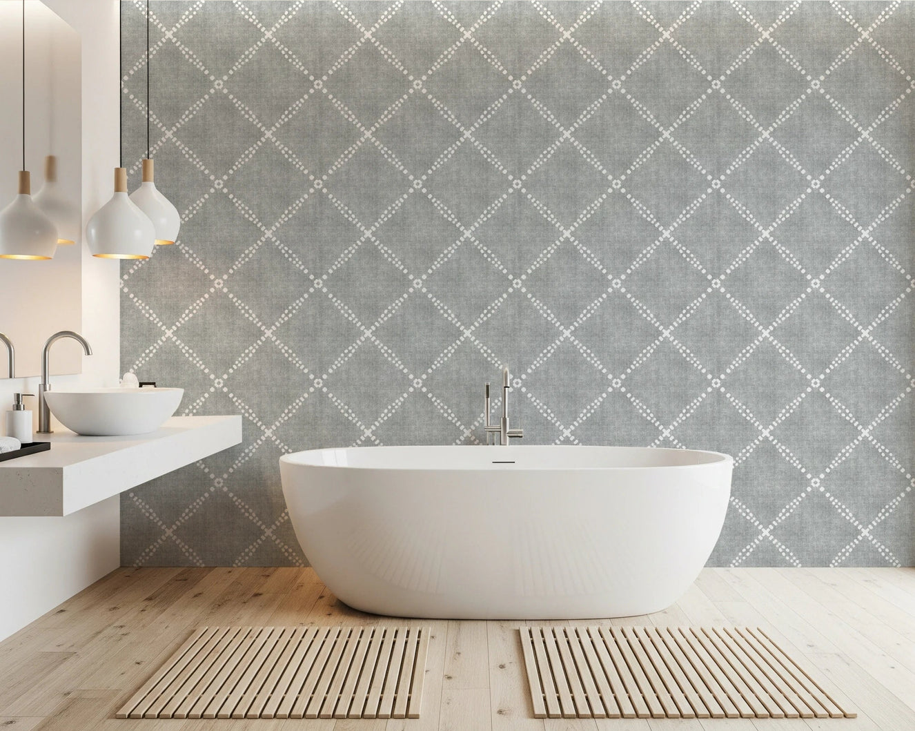 Modern bathroom styled with grey dotted trellis wallpaper and freestanding bathtub