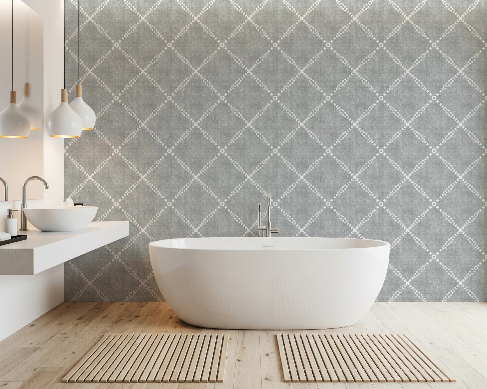 Modern bathroom styled with grey dotted trellis wallpaper and freestanding bathtub