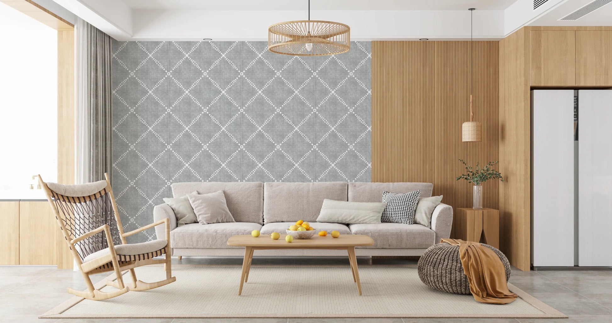 Minimal lounge space shaped by grey trellis wallpaper with soft geometric pattern