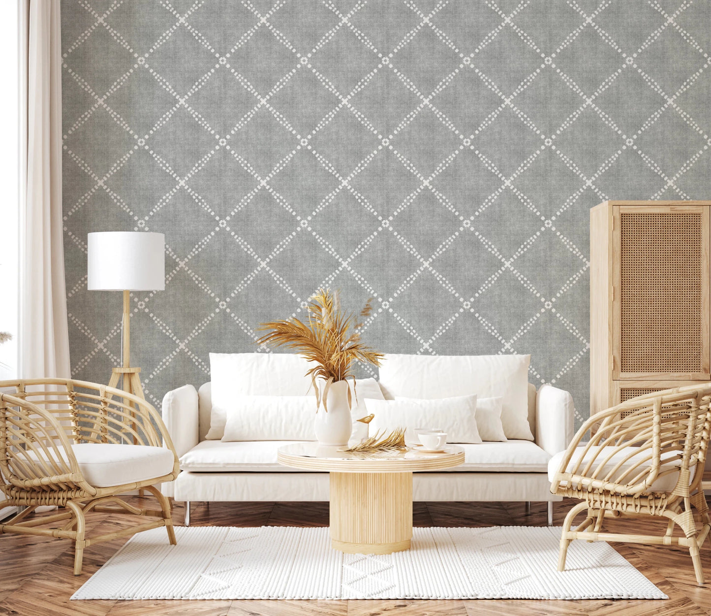Bright living room paired with grey dotted trellis wallpaper and light neutral seating