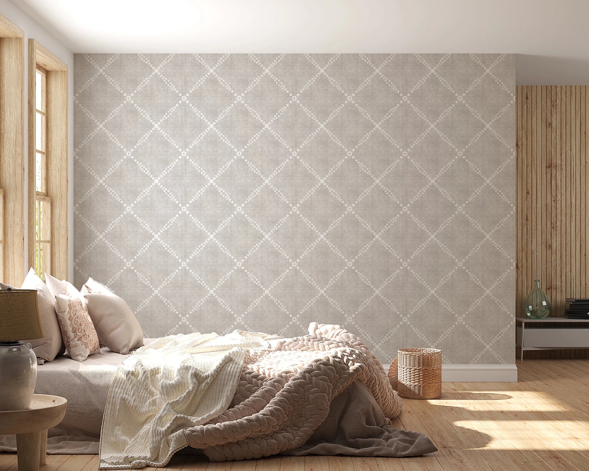 Relaxed bedroom featuring Boho Dotted Trellis Grunge Neutral Wallpaper, GD8575