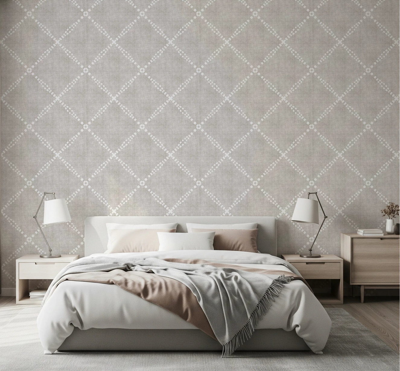 Bedroom styled with Boho Dotted Trellis Grunge Neutral Wallpaper in a soft matte look