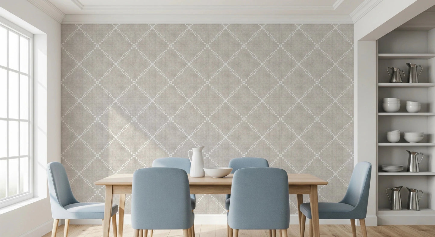 Dining room styled in Boho Dotted Trellis Grunge Neutral Wallpaper detail, GD8575
