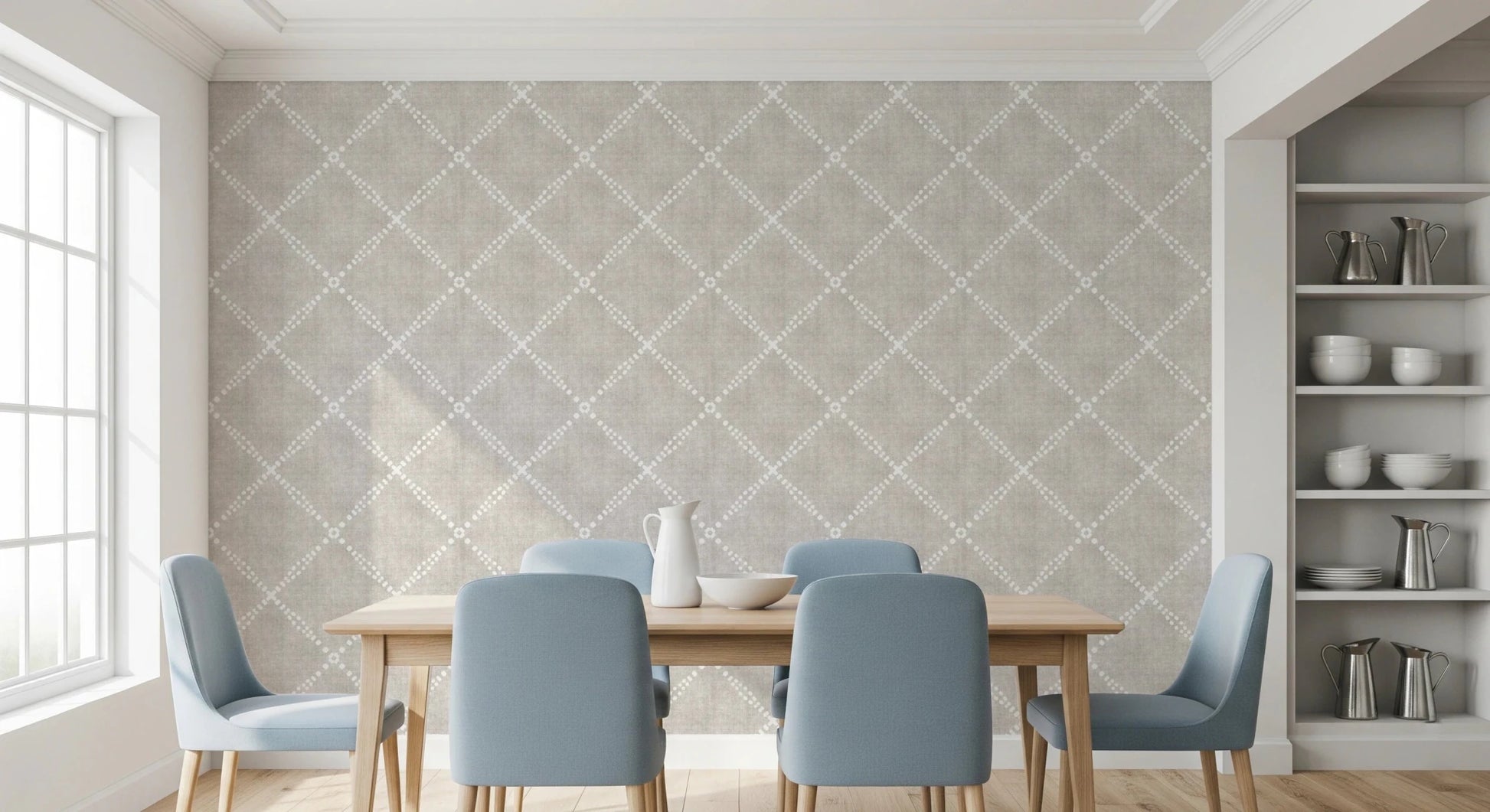 Dining room styled in Boho Dotted Trellis Grunge Neutral Wallpaper detail, GD8575