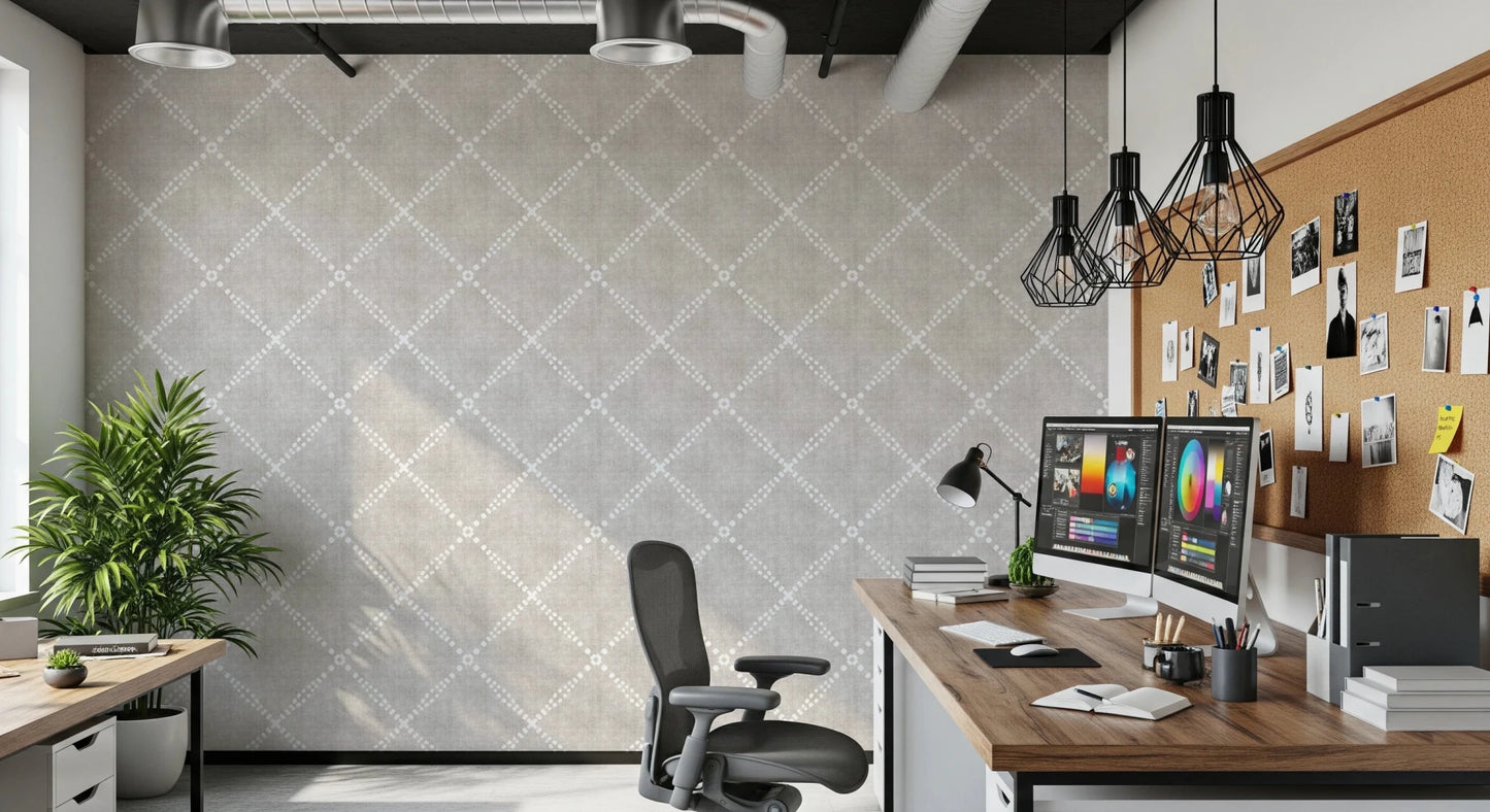 Home office corner updated with Boho Dotted Trellis Grunge Neutral Wallpaper, GD8575