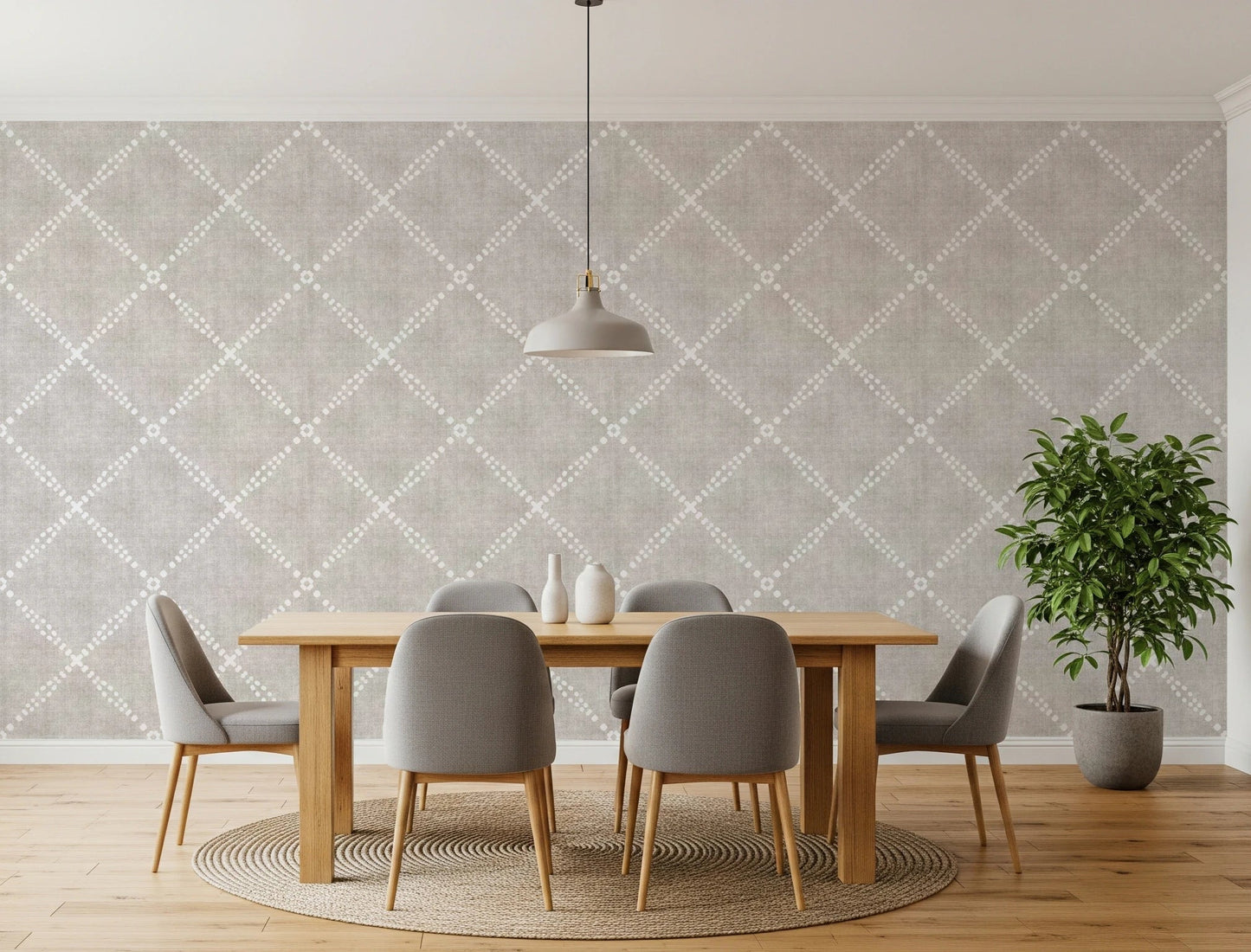 Minimal dining nook finished with Boho Dotted Trellis Grunge Neutral Wallpaper, GD8575