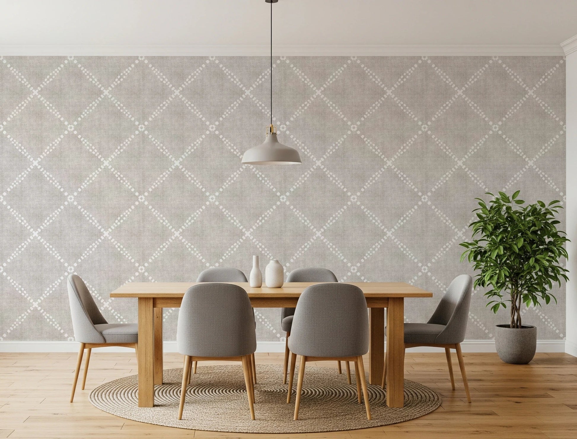 Minimal dining nook finished with Boho Dotted Trellis Grunge Neutral Wallpaper, GD8575