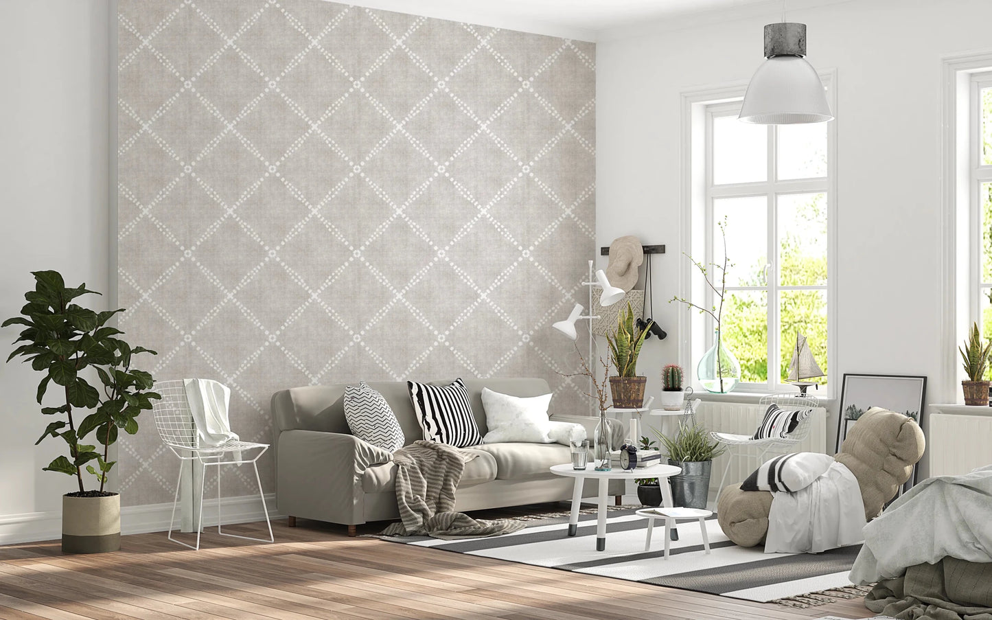 Open living room lifted by Boho Dotted Trellis Grunge Neutral Wallpaper texture, GD8575