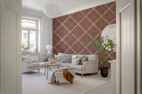 Soft lounge corner framed by Boho Dotted Trellis Grunge Terracotta Red Wallpaper
