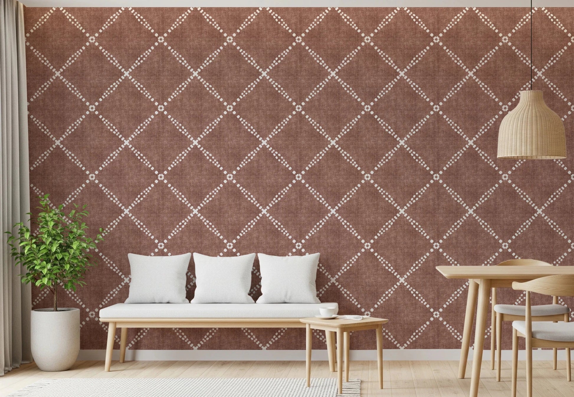 Calm seating nook warmed by Boho Dotted Trellis Grunge Terracotta Red Wallpaper
