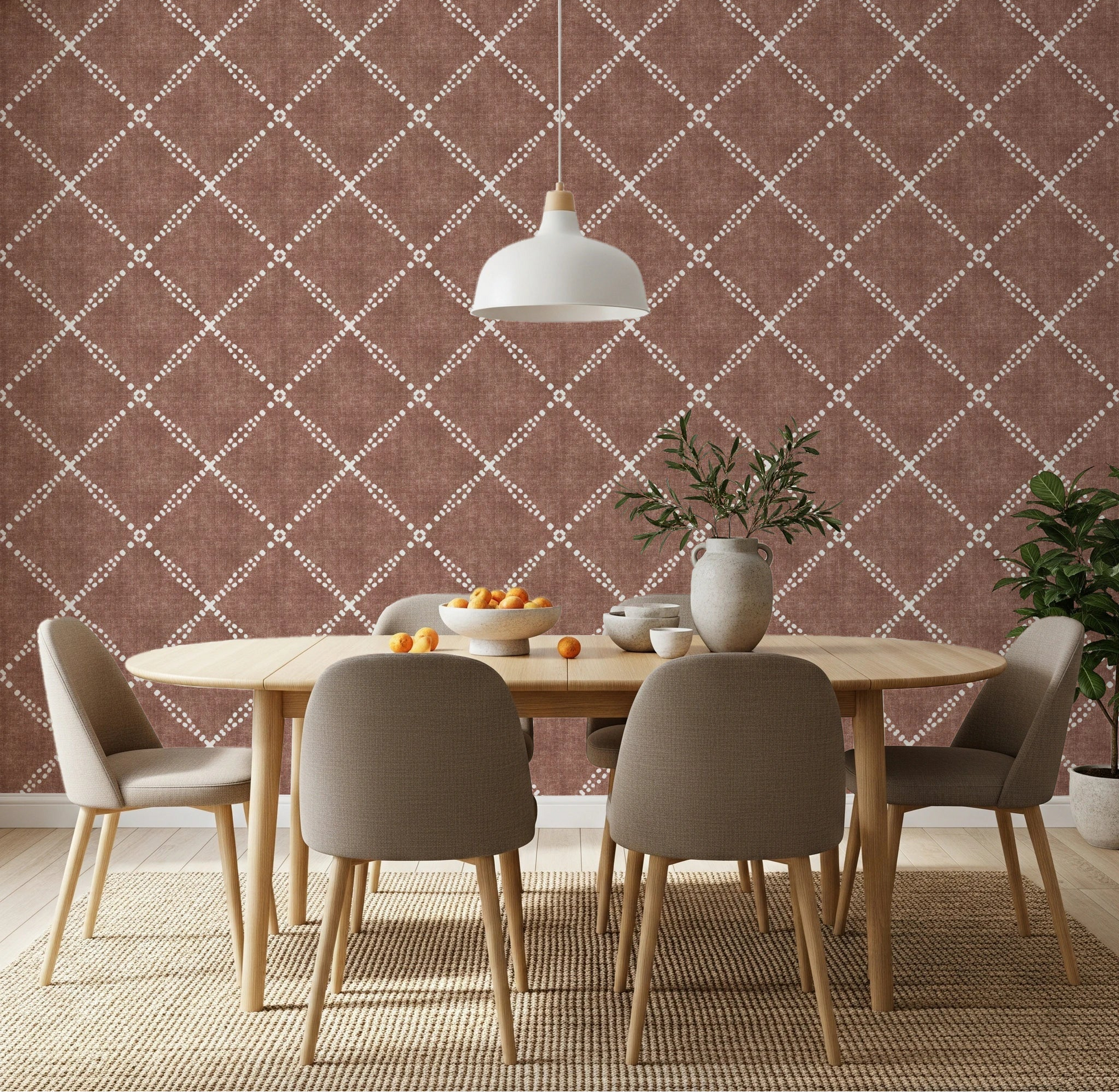 Dining room styled with Boho Dotted Trellis Grunge Terracotta Red Wallpaper, GD8576