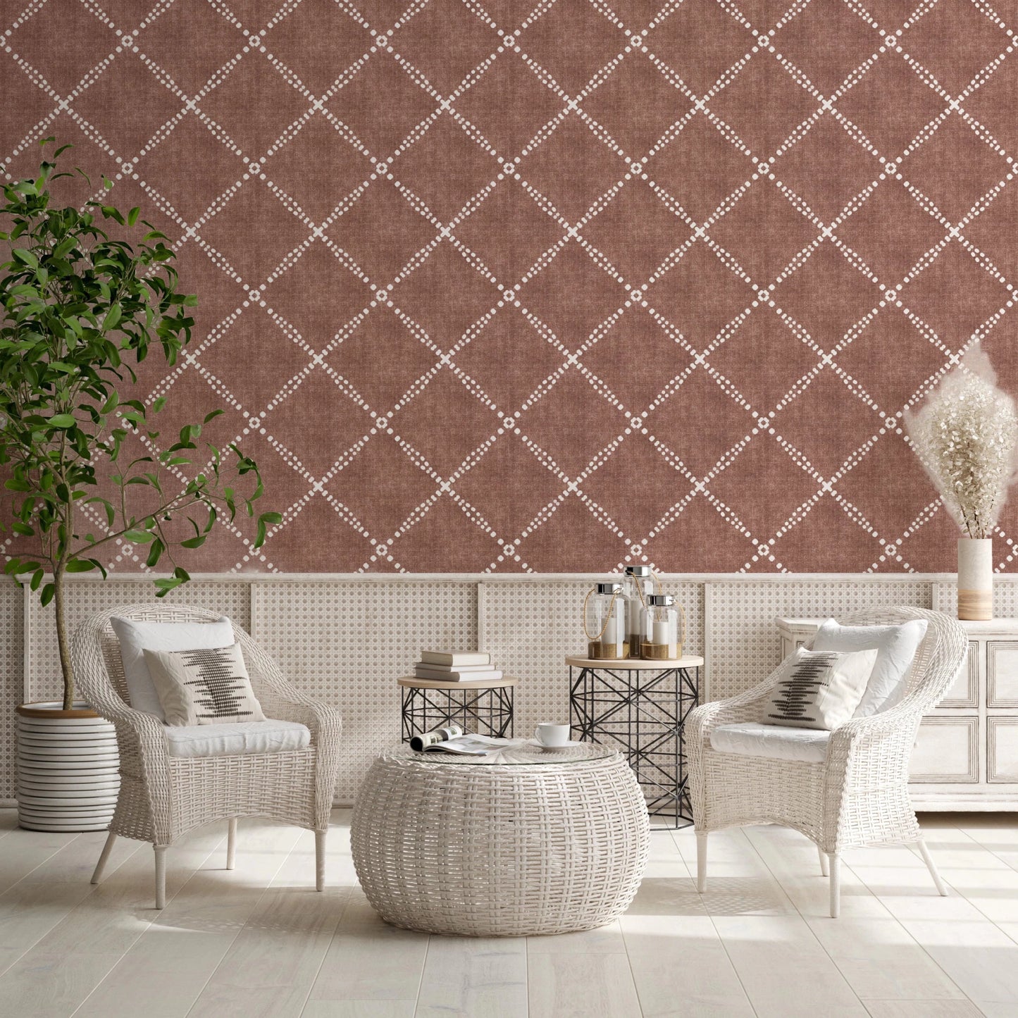 Vanity corner brightened by Boho Dotted Trellis Grunge Terracotta Red Wallpaper