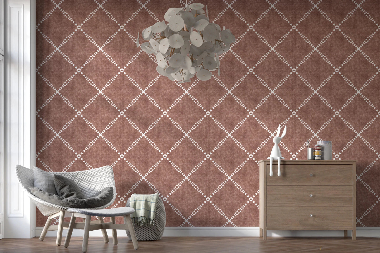 Modern lounge setup with Boho Dotted Trellis Grunge Terracotta Red Wallpaper