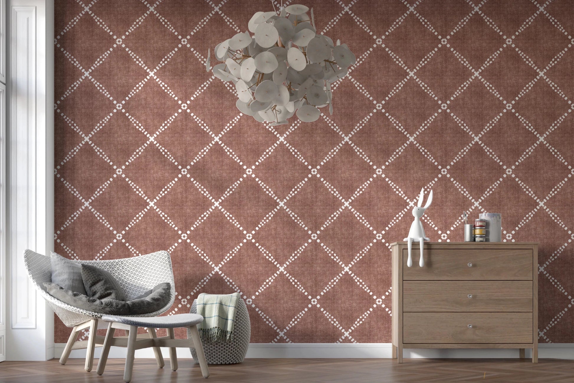 Modern lounge setup with Boho Dotted Trellis Grunge Terracotta Red Wallpaper