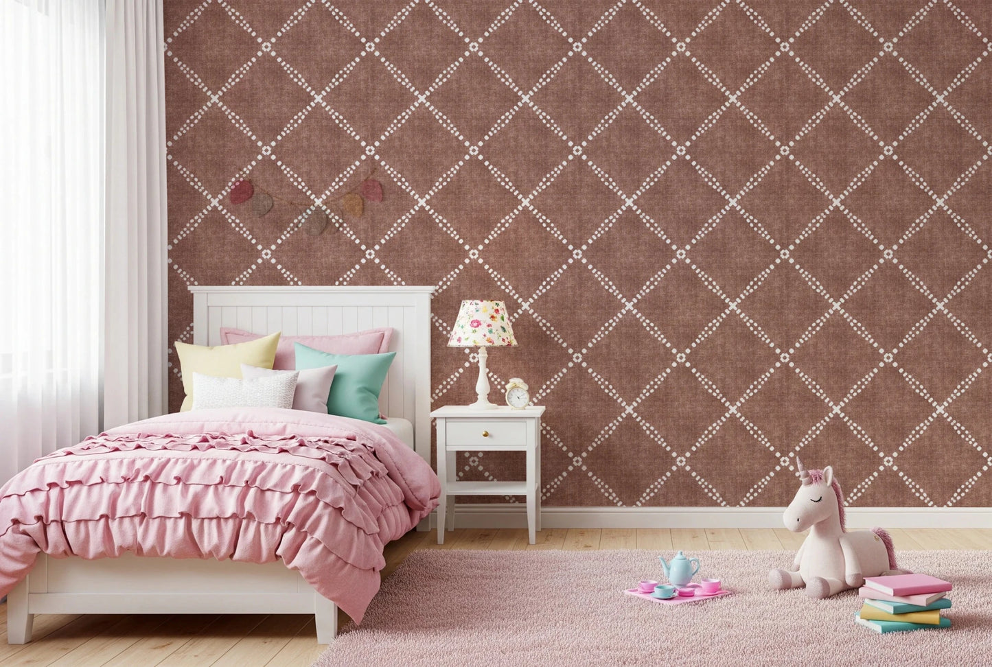 Kids room updated with Boho Dotted Trellis Grunge Terracotta Red Wallpaper